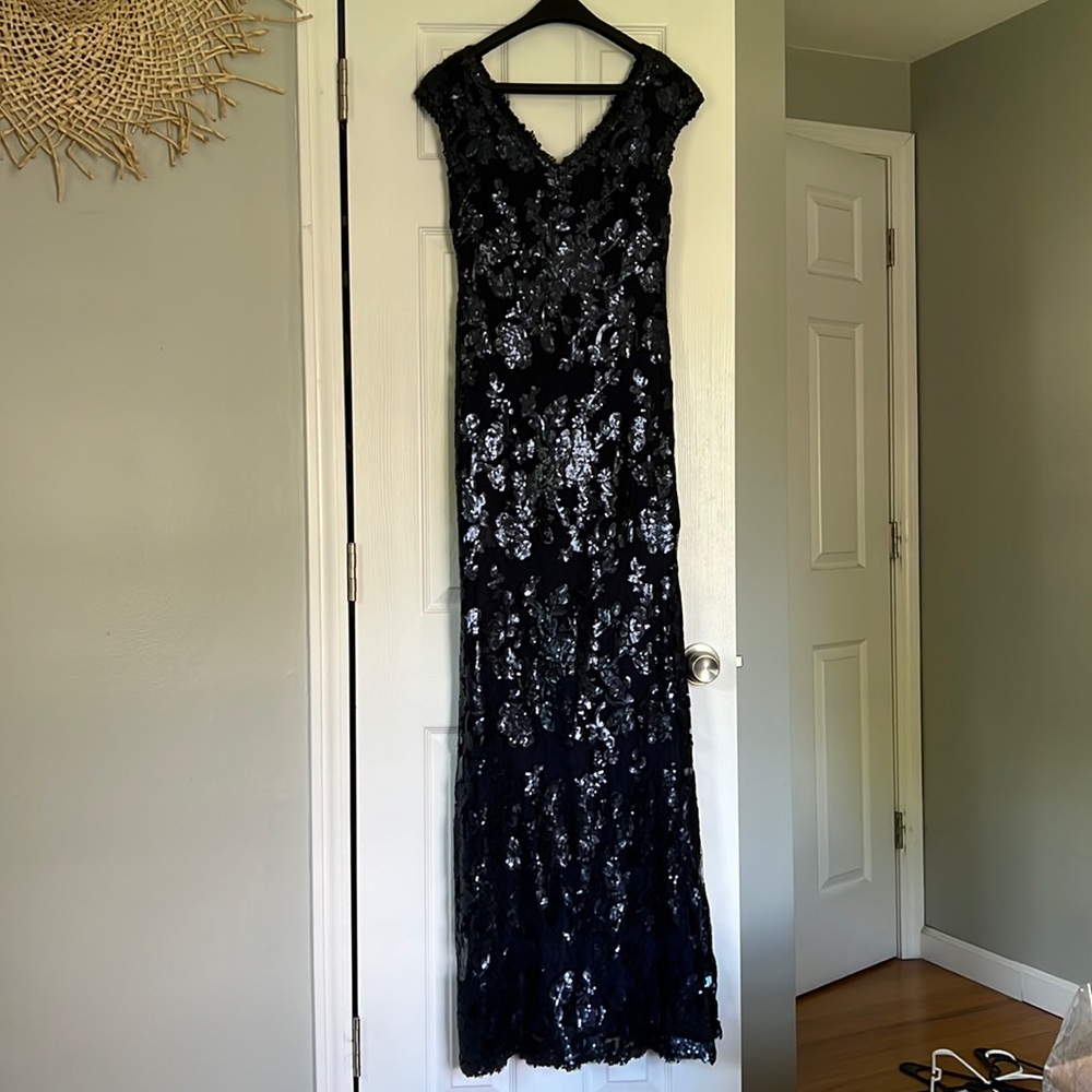 Adrianna Papell Navy Sequin Dress with Cap Sleeves